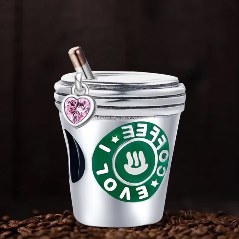 Sterling Silver Coffee Cup Charm with Straw & Pink Heart - Picture 7 of 7